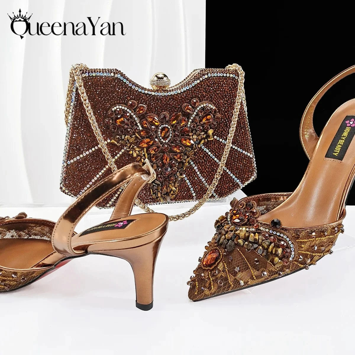 Coffee / 38 / CHINA Queena Yan Women High Heel Party For Purple Color Shoes and Bag Set Rhinestone Handbag Italian Design Wedding INS 2025