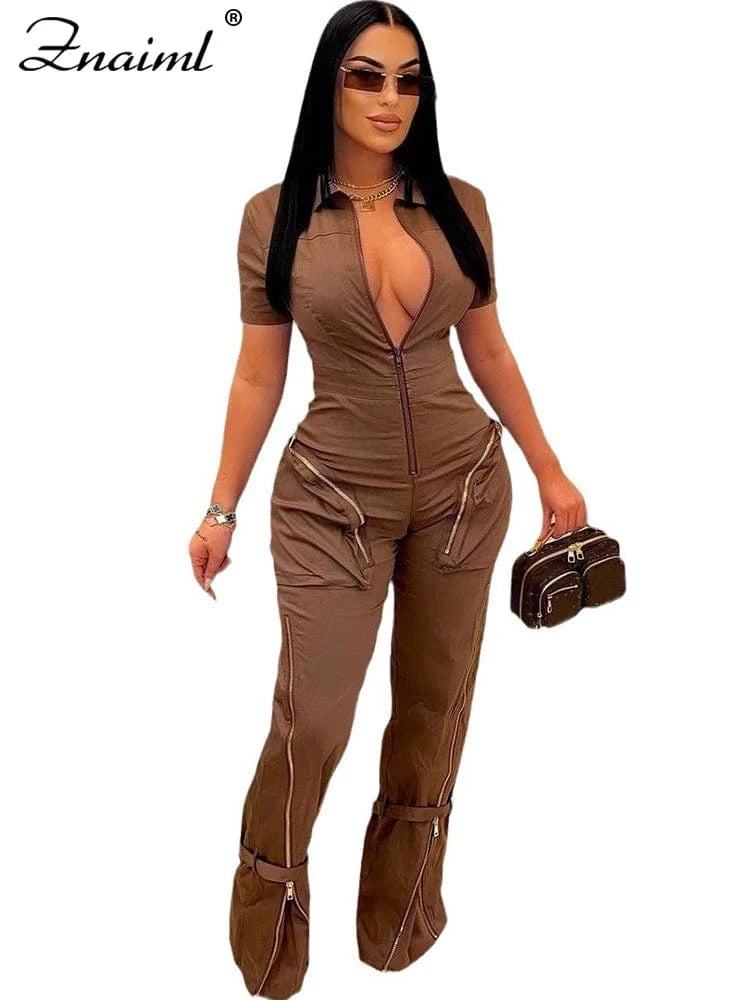 coffee jumpsuits / M Znaiml Safari Style Short Sleeve Zipper Pocket Jumpsuit Women Fashion Cargo Pants One Piece Overalls Streetwear Playsuit Rompers