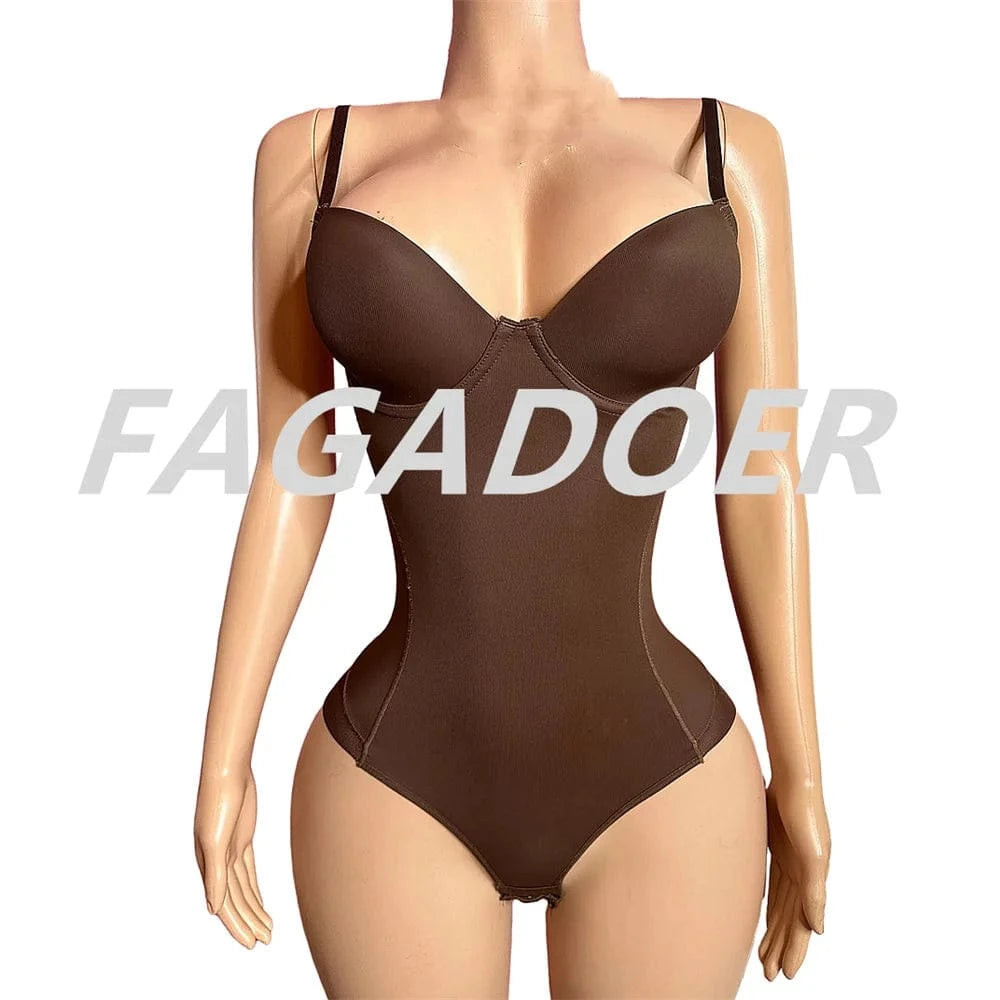 coffee / M FAGADOER Sexy Solid V Neck Spaghetti Strap Bodysuits Women Sleeveless Backless High Stretchy Bodycon Rompers Female Clubwear new