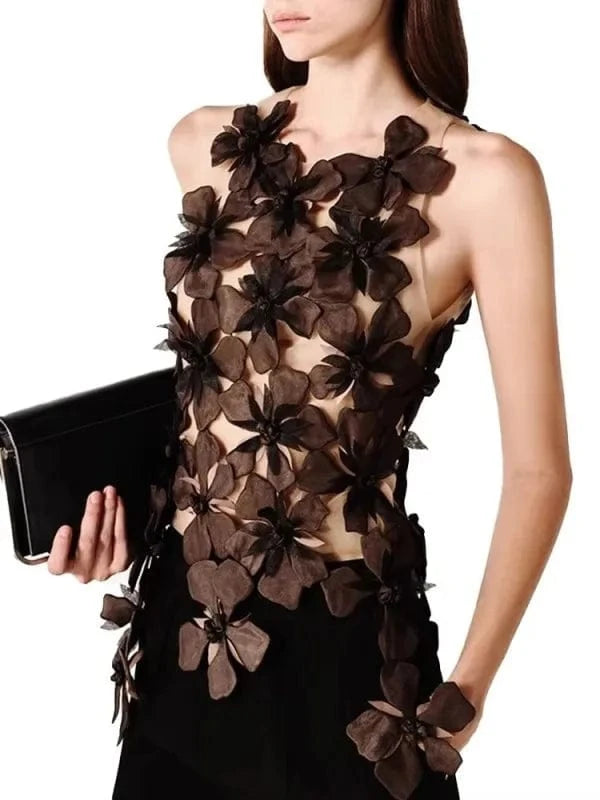 COFFEE / M VGH Solid Spliced 3D Petal Tank Tops for Women Round Neck Sleeveless Patchwork Zipper Sheer Mesh Vest Female Fashion Clothing