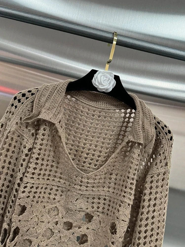 coffee / One Size VGH Hollow Out Solid Sheer Short Shirts For Women Lapel Lantern Sleeve Minimalist Casual Loose Pullover Blouses Female Fashion