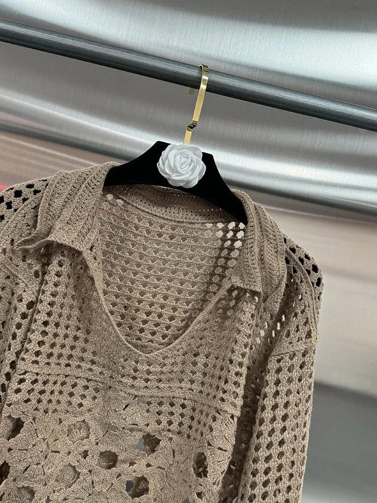 coffee / One Size VGH Hollow Out Solid Sheer Short Shirts For Women Lapel Lantern Sleeve Minimalist Casual Loose Pullover Blouses Female Fashion
