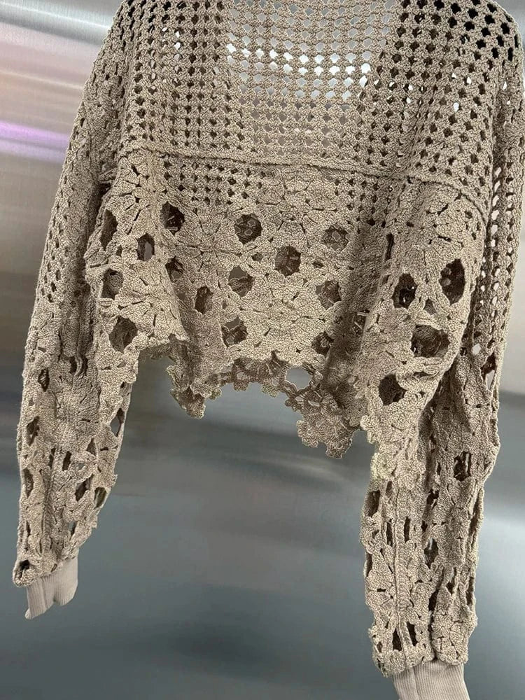 coffee / One Size VGH Hollow Out Solid Sheer Short Shirts For Women Lapel Lantern Sleeve Minimalist Casual Loose Pullover Blouses Female Fashion