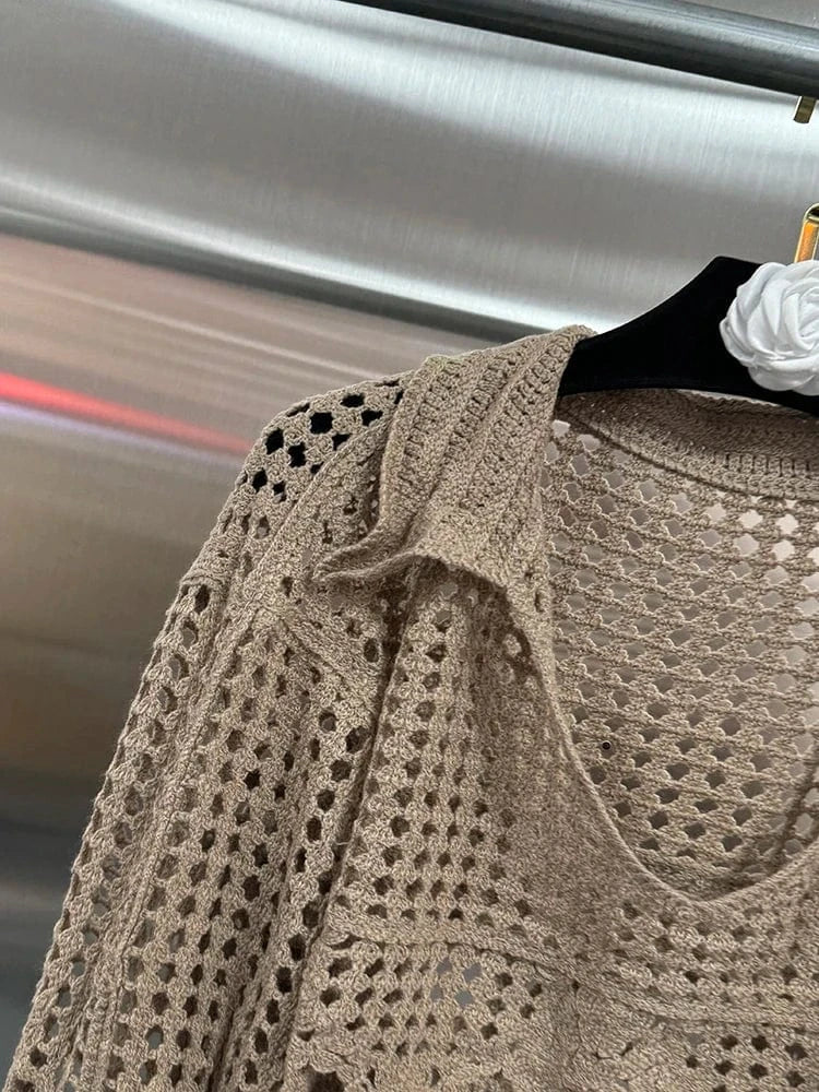 coffee / One Size VGH Hollow Out Solid Sheer Short Shirts For Women Lapel Lantern Sleeve Minimalist Casual Loose Pullover Blouses Female Fashion