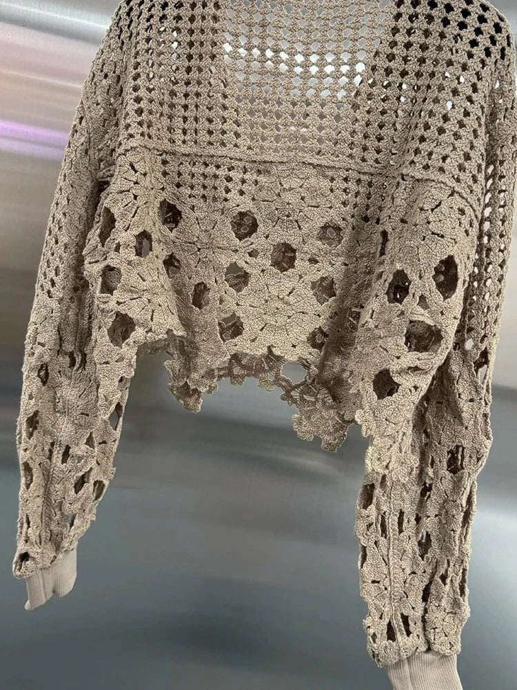 coffee / One Size VGH Hollow Out Solid Sheer Short Shirts For Women Lapel Lantern Sleeve Minimalist Casual Loose Pullover Blouses Female Fashion