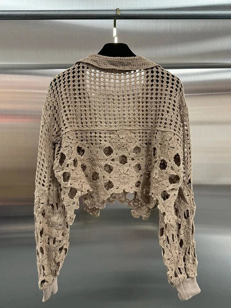coffee / One Size VGH Hollow Out Solid Sheer Short Shirts For Women Lapel Lantern Sleeve Minimalist Casual Loose Pullover Blouses Female Fashion