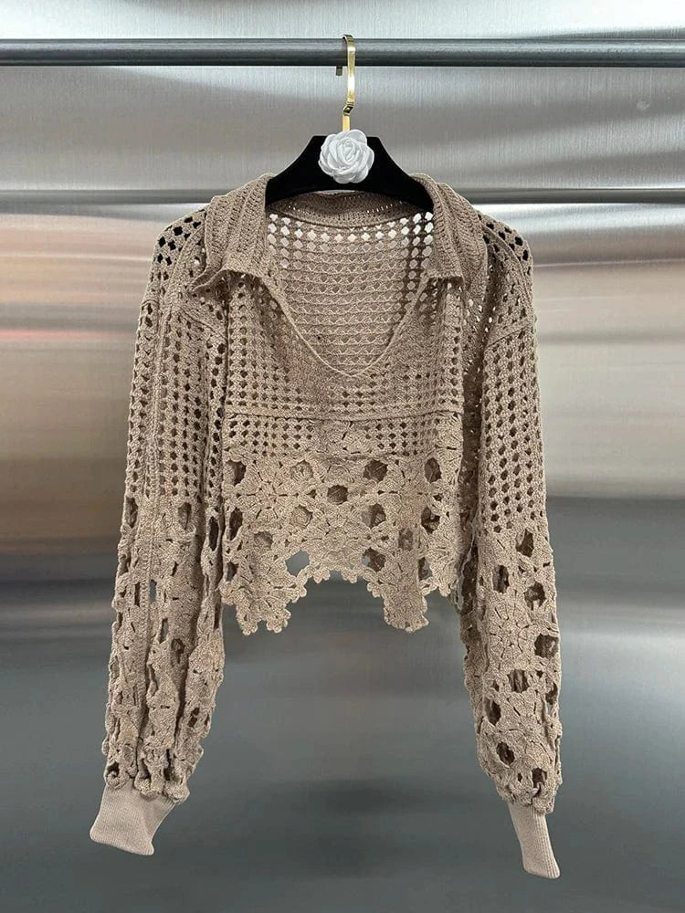 coffee / One Size VGH Hollow Out Solid Sheer Short Shirts For Women Lapel Lantern Sleeve Minimalist Casual Loose Pullover Blouses Female Fashion
