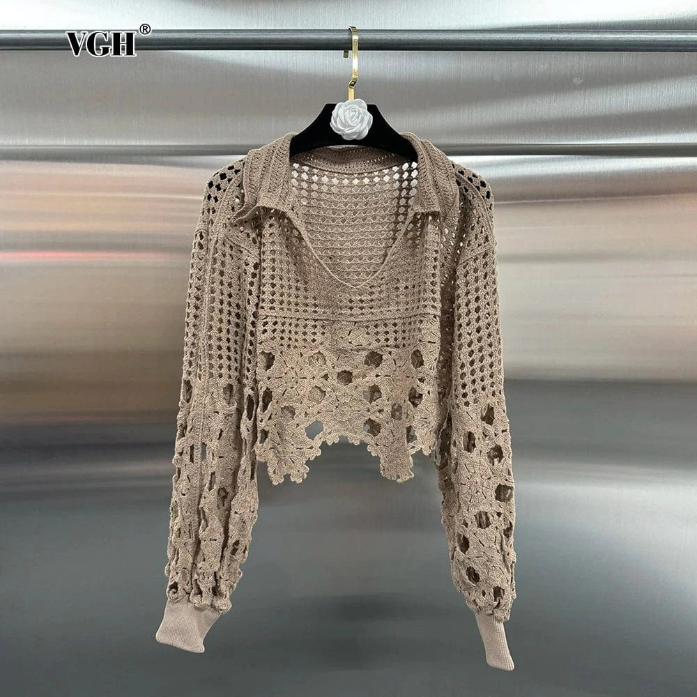 coffee / One Size VGH Hollow Out Solid Sheer Short Shirts For Women Lapel Lantern Sleeve Minimalist Casual Loose Pullover Blouses Female Fashion