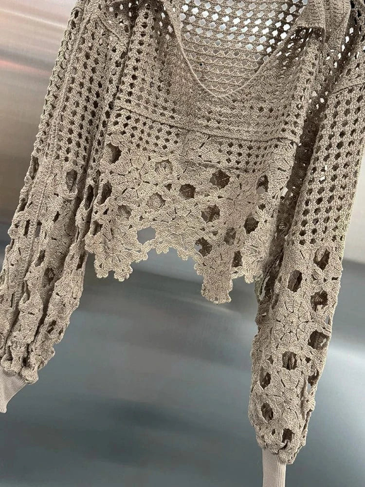 coffee / One Size VGH Hollow Out Solid Sheer Short Shirts For Women Lapel Lantern Sleeve Minimalist Casual Loose Pullover Blouses Female Fashion