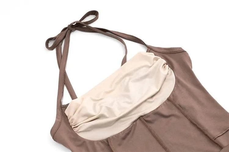 Color Block Mesh Patchwork Holiday Dress Women Halter Neck Backless Bandage Short Dress