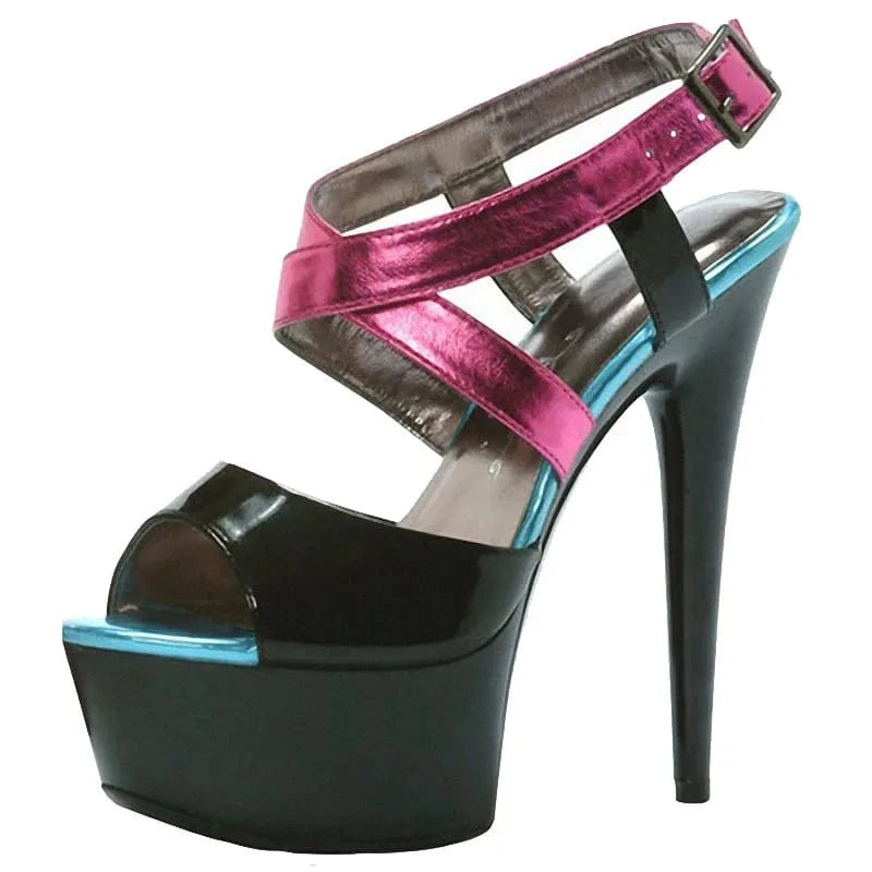 Color stitched Stiletto High Heels 15cm summer leaky toe striptease shoes model show platform fashion High Heels Sandals