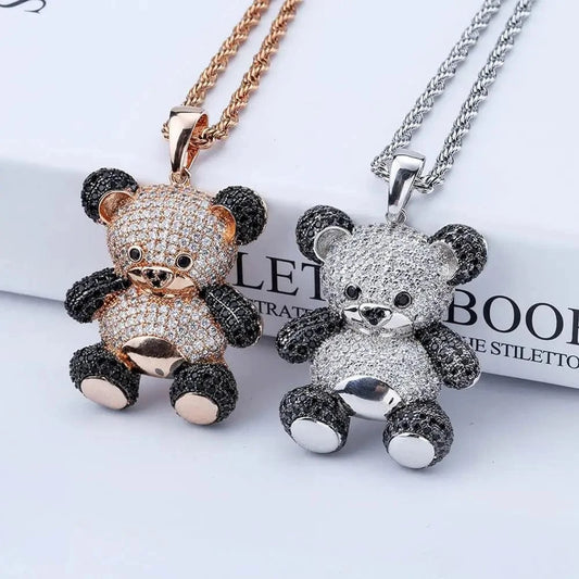 Colored Zircon Hiphop Cute Cartoon Bear Pendant Necklace Jewelry