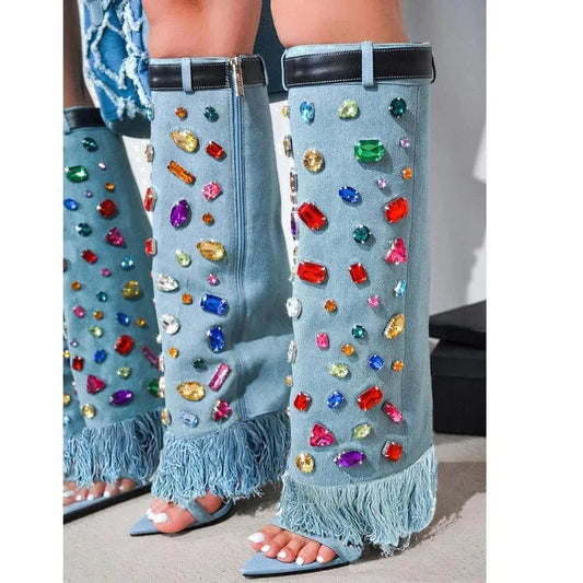 Colorful Diamond New Fashion Stiletto Heel Open Toe Cut Pants Shoes Luxury Heel Crystal Women Denim Boots