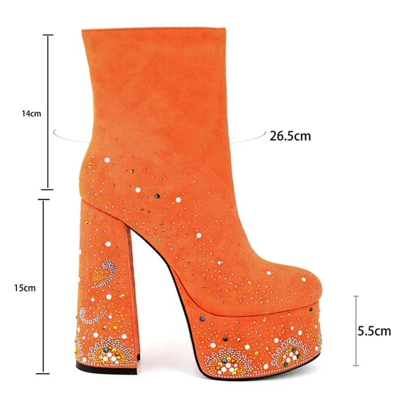 Colorful Diamonds Shoes Customized Round Toe Women Platform Short Boots Side Zipper Women Ankle Booties High Chunky Heels
