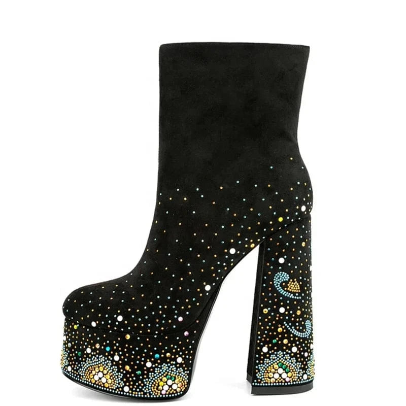 Colorful Diamonds Shoes Customized Round Toe Women Platform Short Boots Side Zipper Women Ankle Booties High Chunky Heels