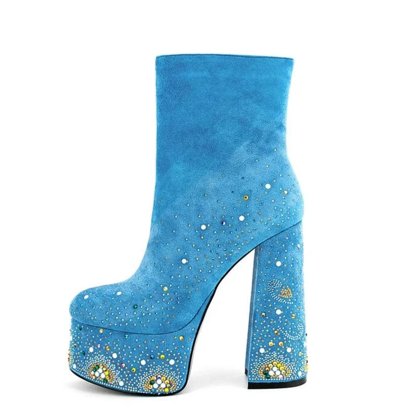 Colorful Diamonds Shoes Customized Round Toe Women Platform Short Boots Side Zipper Women Ankle Booties High Chunky Heels