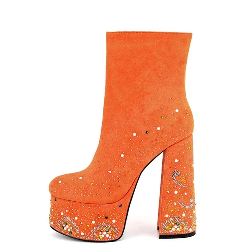 Colorful Diamonds Shoes Customized Round Toe Women Platform Short Boots Side Zipper Women Ankle Booties High Chunky Heels