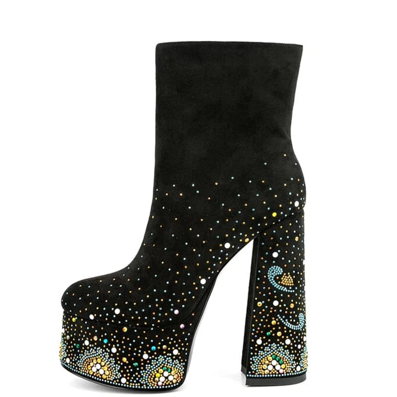 Colorful Diamonds Shoes Customized Round Toe Women Platform Short Boots Side Zipper Women Ankle Booties High Chunky Heels