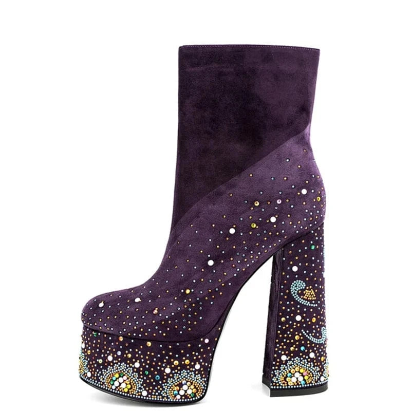 Colorful Diamonds Shoes Customized Round Toe Women Platform Short Boots Side Zipper Women Ankle Booties High Chunky Heels