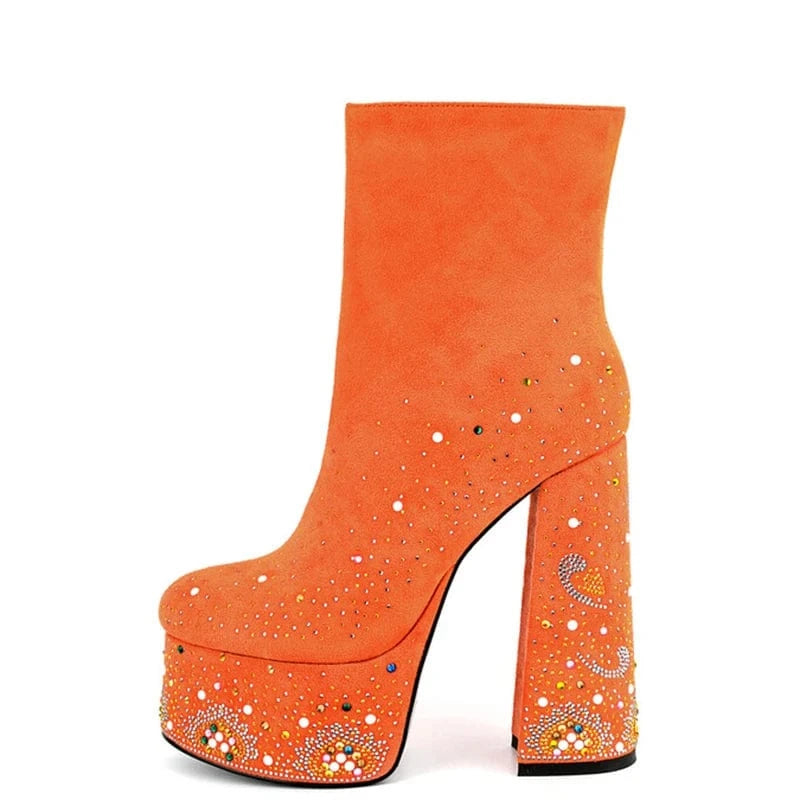 Colorful Diamonds Shoes Customized Round Toe Women Platform Short Boots Side Zipper Women Ankle Booties High Chunky Heels