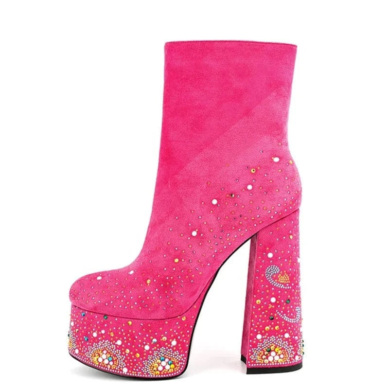 Colorful Diamonds Shoes Customized Round Toe Women Platform Short Boots Side Zipper Women Ankle Booties High Chunky Heels