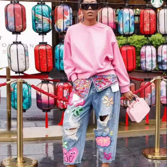 Colorful Embroidered Ripped Baggy Jeans