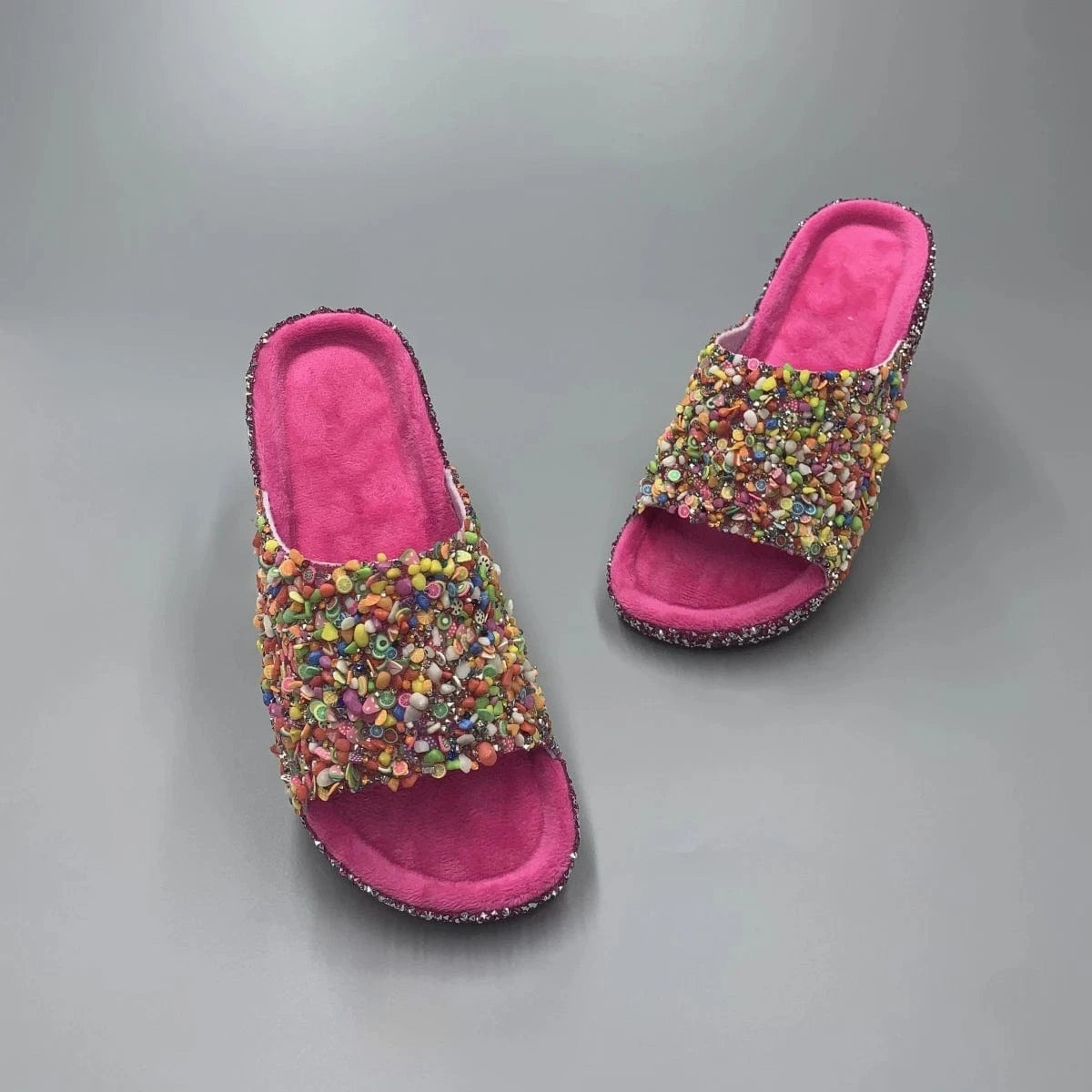 Colorful Fruit - Rhinestone Embellished Women's Slippers - Durable PVC Soles for Trendy Fashion