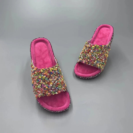 Colorful Fruit - Rhinestone Embellished Women's Slippers - Durable PVC Soles for Trendy Fashion