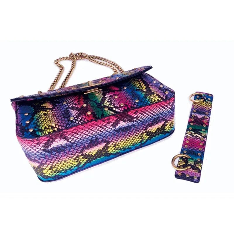colorful good quality women purse colorful snake skin print handbag design 2024 wholesale luxury female snake chain handbag