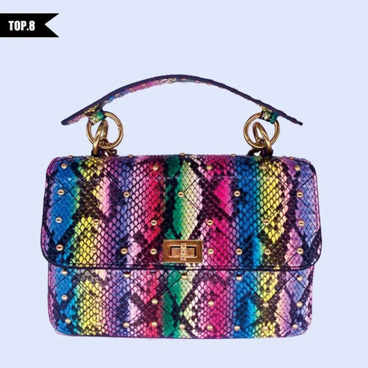 colorful good quality women purse colorful snake skin print handbag design 2024 wholesale luxury female snake chain handbag