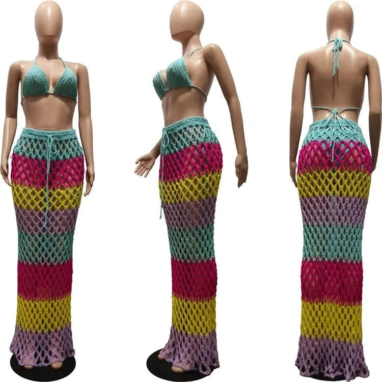 Colorful Knit Crochet Bikini Set with Drawstring See Through Maxi Skirt 3 Piece Sets 2024 Summer Holiday Beach Outfits