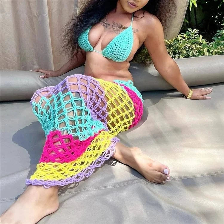 Colorful Knit Crochet Bikini Set with Drawstring See Through Maxi Skirt 3 Piece Sets 2024 Summer Holiday Beach Outfits