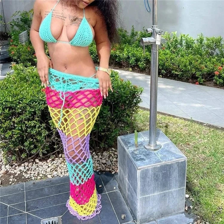 Colorful Knit Crochet Bikini Set with Drawstring See Through Maxi Skirt 3 Piece Sets 2024 Summer Holiday Beach Outfits