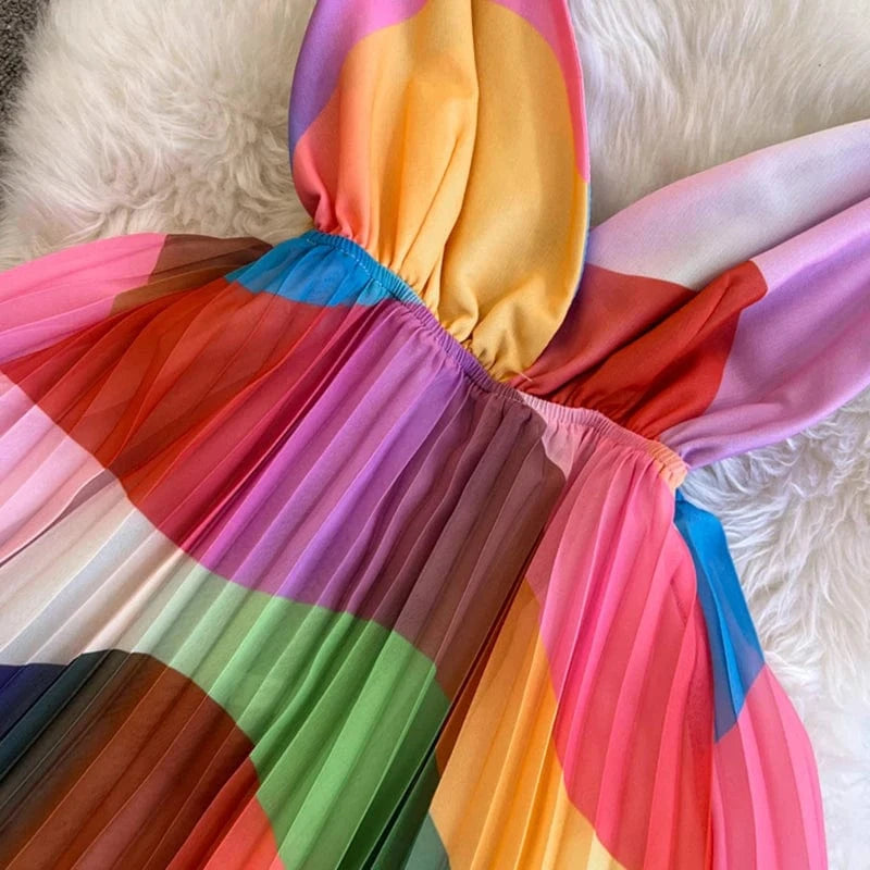 Colorful Printing Spaghetti Strap Long Pleated Dress Women Backless Romance Summer Chiffon Beach Boho Maxi Dresses for Ladies