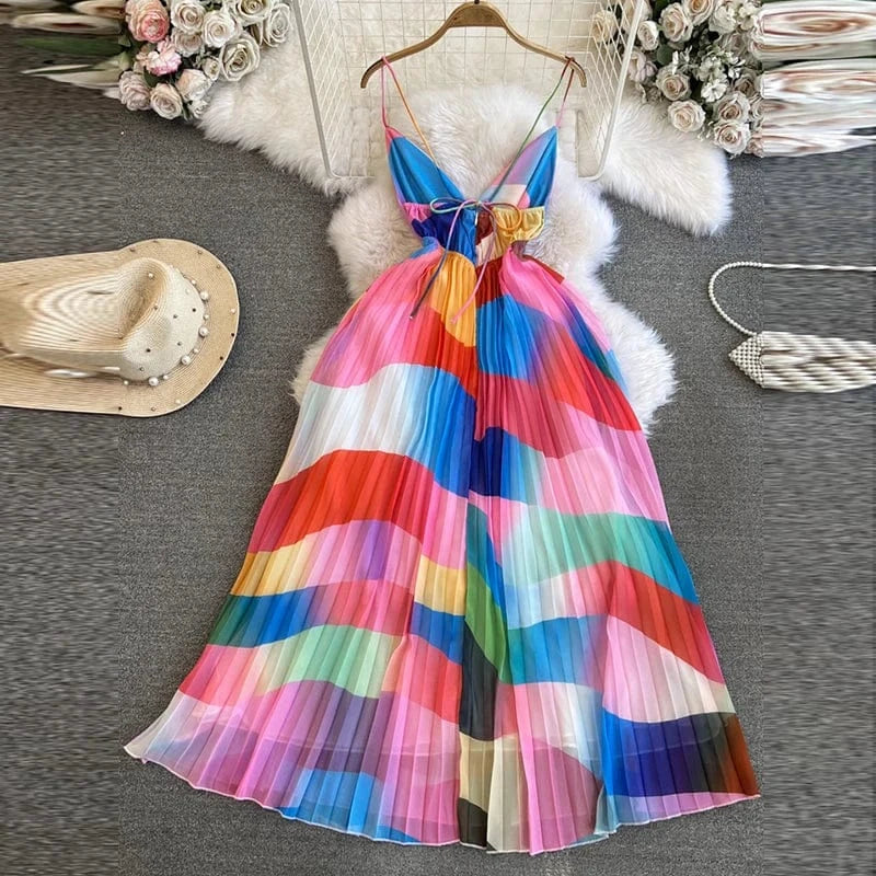 Colorful Printing Spaghetti Strap Long Pleated Dress Women Backless Romance Summer Chiffon Beach Boho Maxi Dresses for Ladies