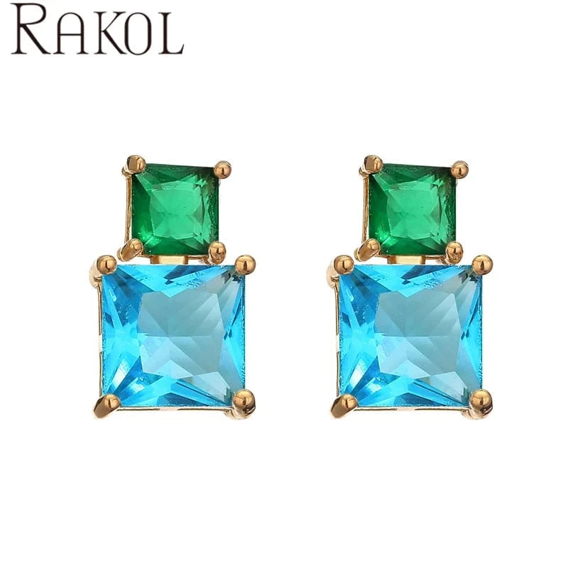 Colorful RAKOL EP5456 women wholesale new fashion square diamond jewelry tiny size silver blue green zircon crystal stud dating earrings