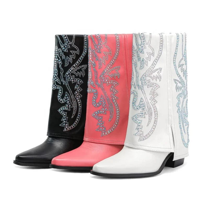Colorful Rhinestone Pointed Toe Women's Pants Short Boots High Wedge Heels Overlay Cowboy Ankle Booties Western Style Shoes