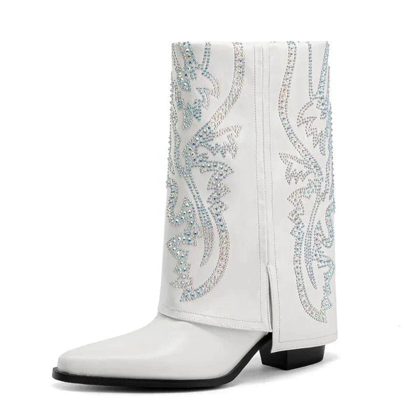 Colorful Rhinestone Pointed Toe Women's Pants Short Boots High Wedge Heels Overlay Cowboy Ankle Booties Western Style Shoes