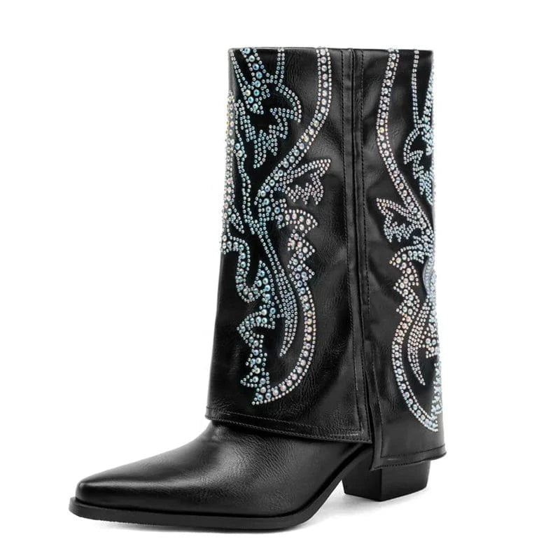 Colorful Rhinestone Pointed Toe Women's Pants Short Boots High Wedge Heels Overlay Cowboy Ankle Booties Western Style Shoes