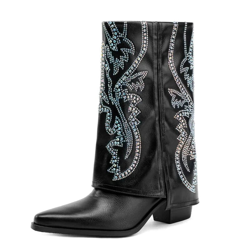 Colorful Rhinestone Pointed Toe Women's Pants Short Boots High Wedge Heels Overlay Cowboy Ankle Booties Western Style Shoes