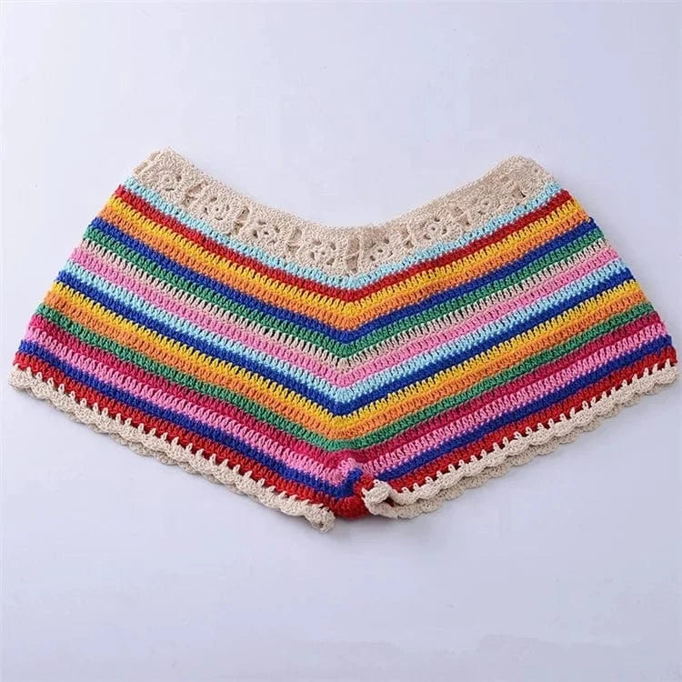 Colorful Stripes Bathing Suit Sexy biquini Womens Handmade Crochet knit Bikini Set Swimwear set Crop Top Shorts