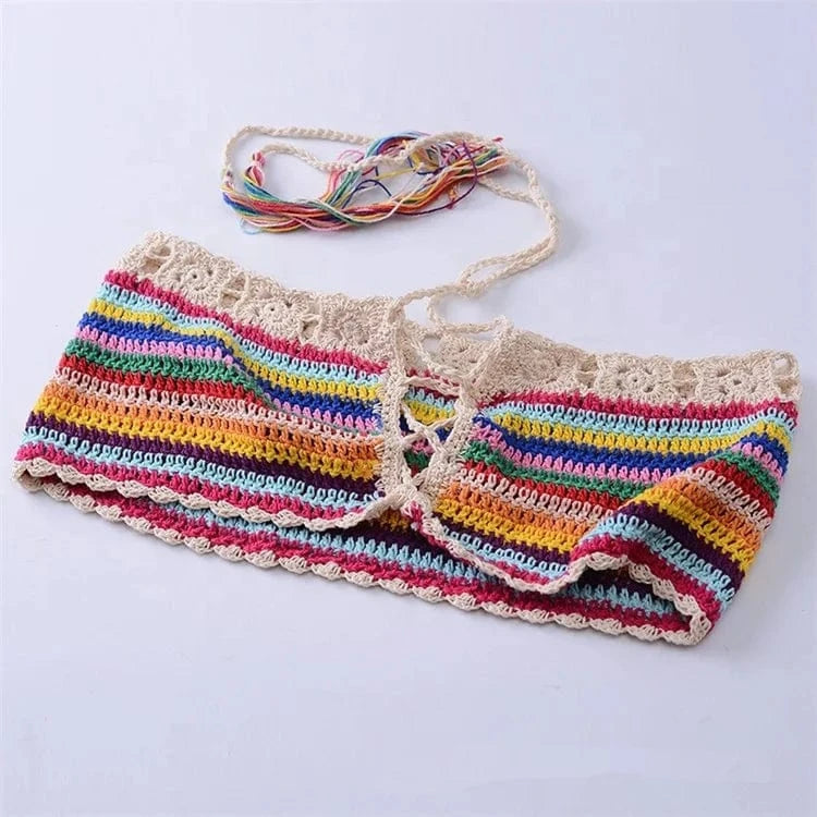 Colorful Stripes Bathing Suit Sexy biquini Womens Handmade Crochet knit Bikini Set Swimwear set Crop Top Shorts