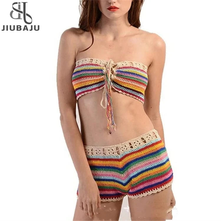 Colorful Stripes Bathing Suit Sexy biquini Womens Handmade Crochet knit Bikini Set Swimwear set Crop Top Shorts