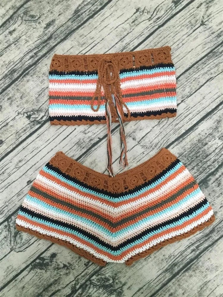 Colorful Stripes Bathing Suit Sexy biquini Womens Handmade Crochet knit Bikini Set Swimwear set Crop Top Shorts