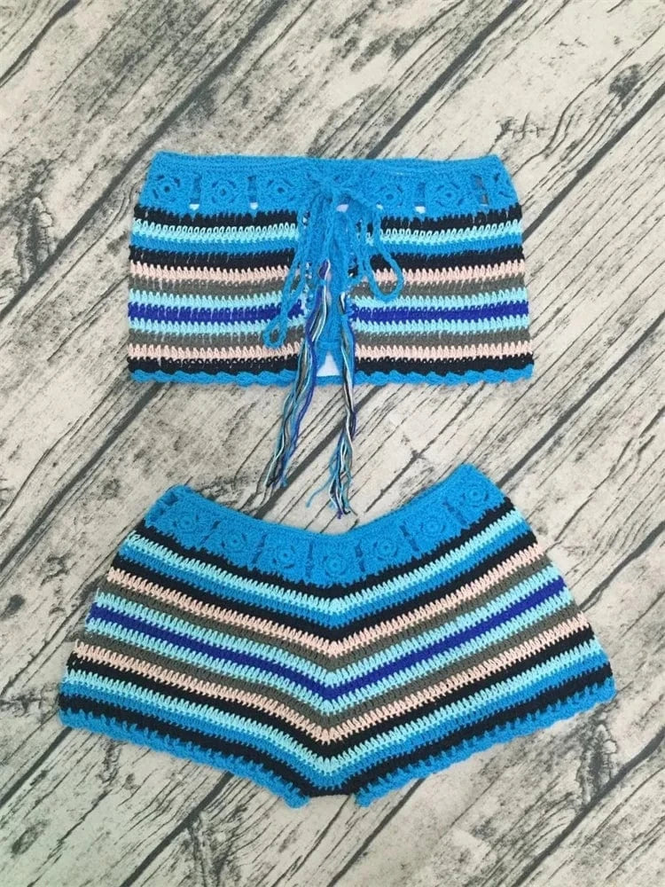 Colorful Stripes Bathing Suit Sexy biquini Womens Handmade Crochet knit Bikini Set Swimwear set Crop Top Shorts