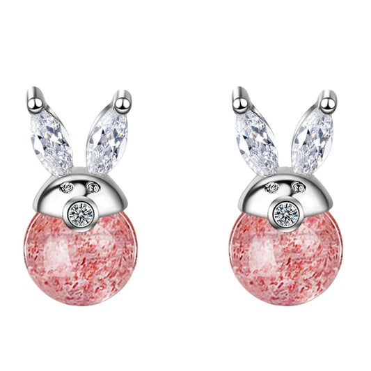 Copper White gold plated Refined Chic Dainty Cute Rabbit Ear Strawberry Crystal Zircon Stud Earrings for Women Trend Creative Party Gifts Jewelry