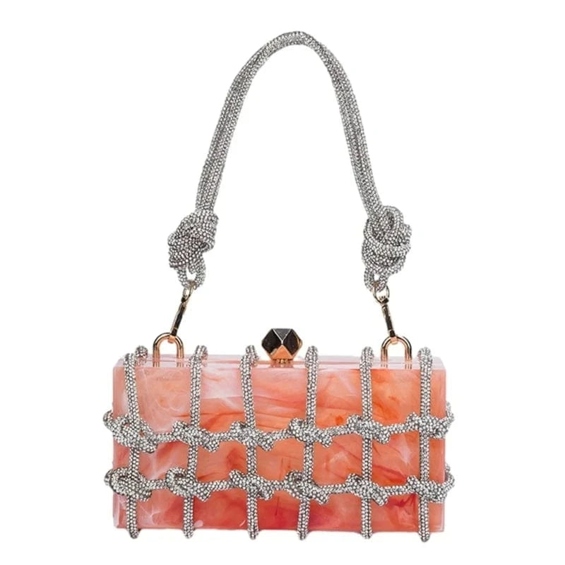 Coral Transparent Wedding Party Handbags for Women Luxury Clear Acrylic Box Purse Woven Knotted Rhinestone Clutch Bag Evening Bags