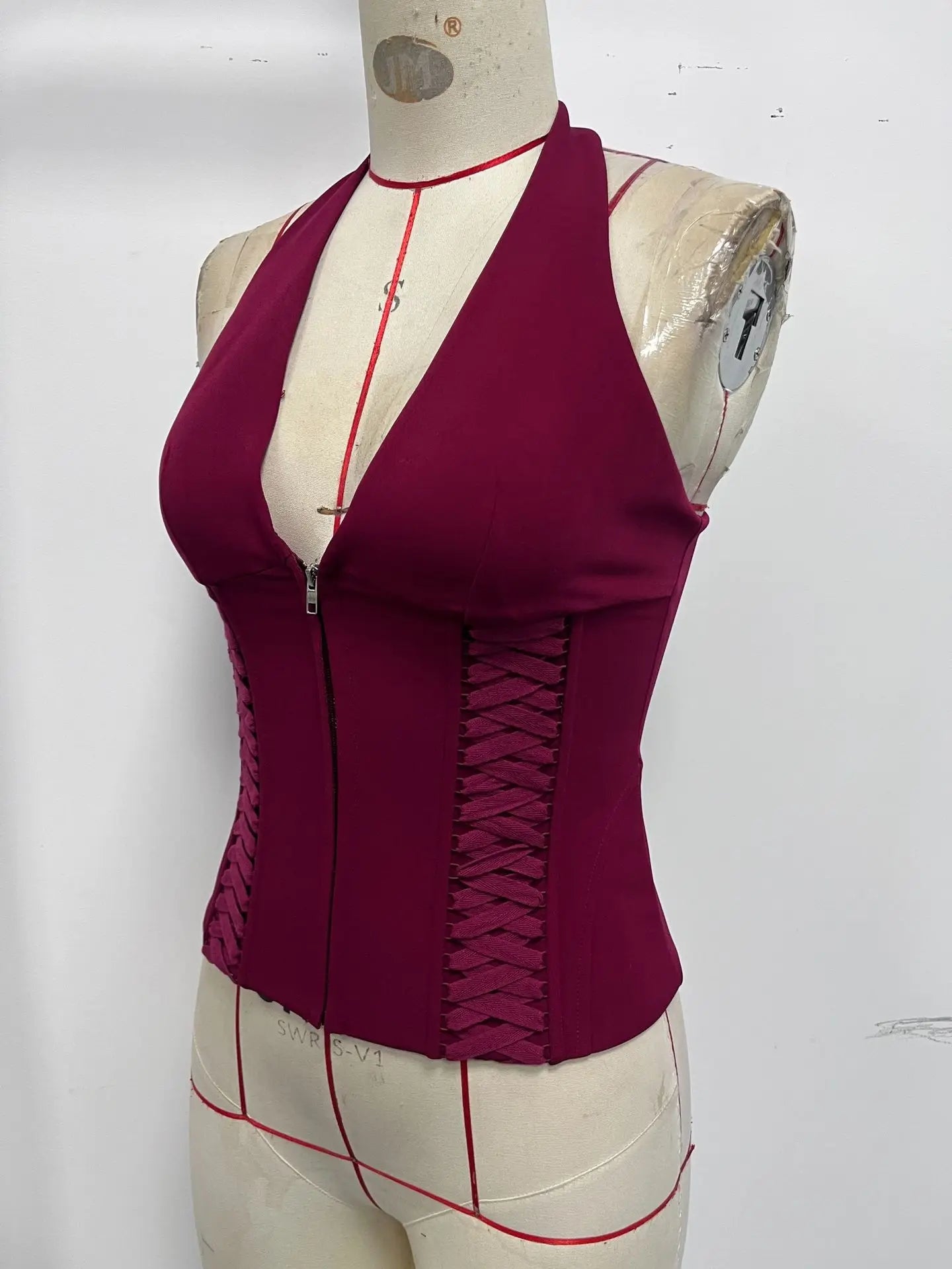 Corset Top With Hollow Out Zipper Y2K Halter Style - SN Wigs & More