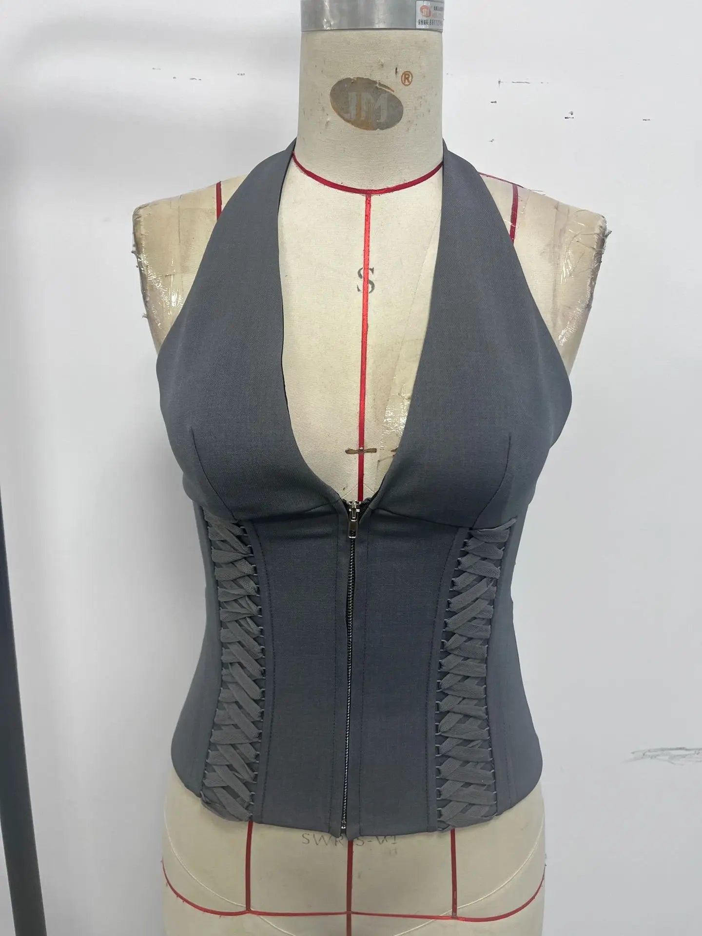 Corset Top With Hollow Out Zipper Y2K Halter Style - SN Wigs & More