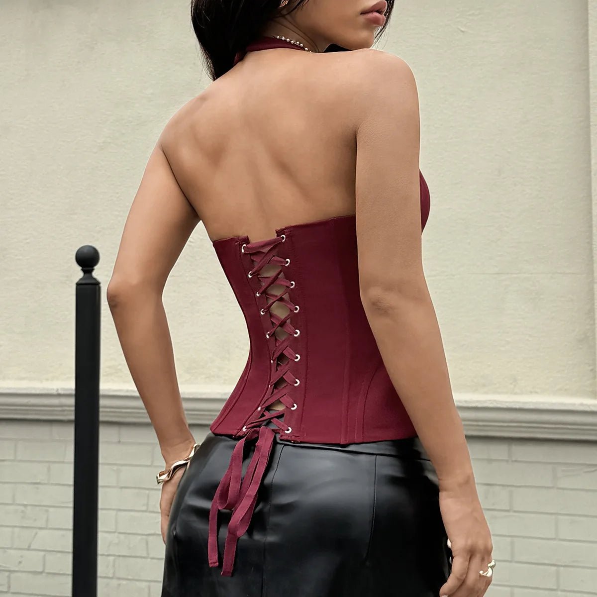 Corset Top With Hollow Out Zipper Y2K Halter Style - SN Wigs & More